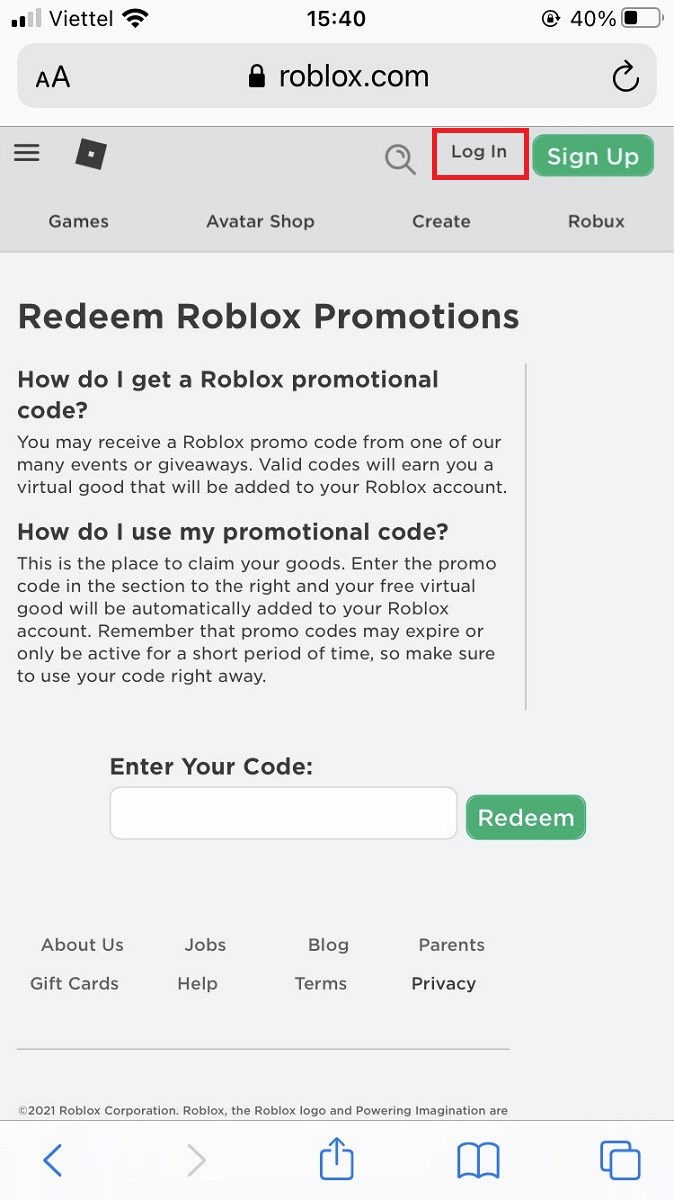 Đăng nhập vào tài khoản Roblox của bạn tại trang đổi thưởng mã code Roblox