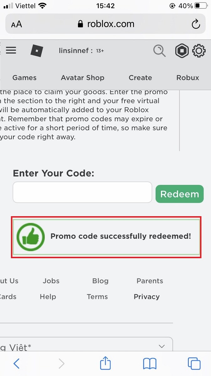 Thông báo khi nhập mã Code Roblox thành công nhận vật phẩm miễn phí